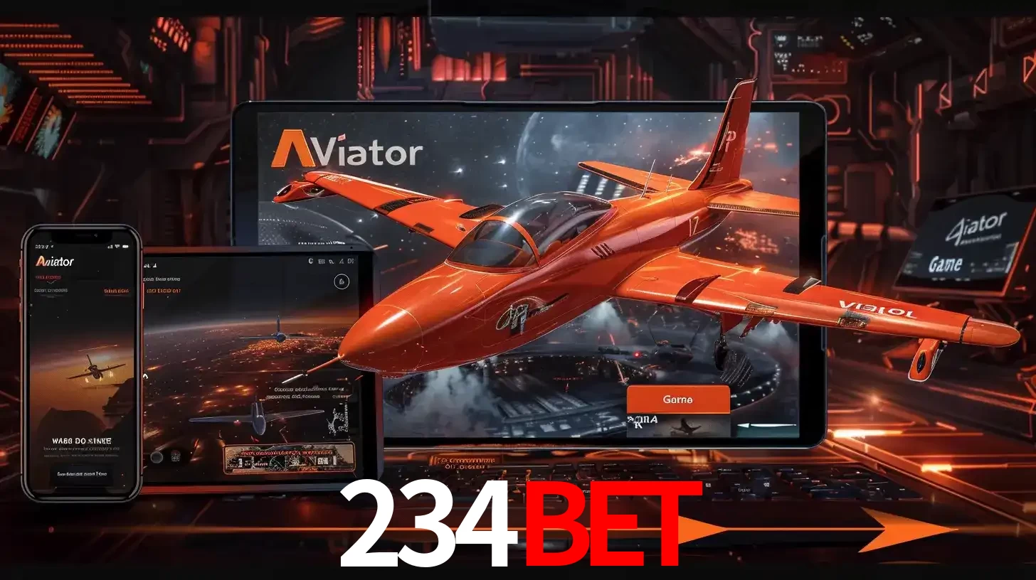 Apresentação tecnológica do jogo Aviator com um avião saindo da tela de um tablet, demonstrando a experiência imersiva em múltiplos dispositivos no 234BET.