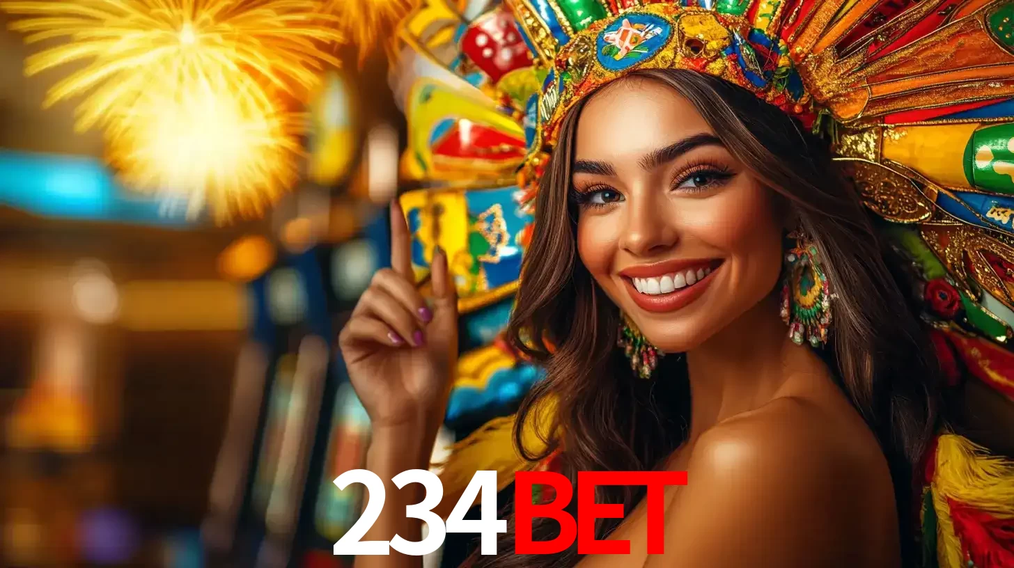 Mulher sorridente com um cocar de carnaval vibrante e colorido, celebrando uma grande vitória nos jogos do cassino 234BET com fogos de artifício ao fundo.