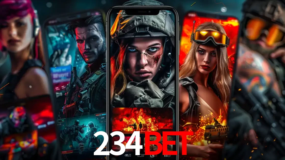 Montagem de telas de celular mostrando diversos personagens, masculinos e femininos, de um jogo de tiro, ilustrando a diversidade de equipes de e-sports para apostar no 234BET.
