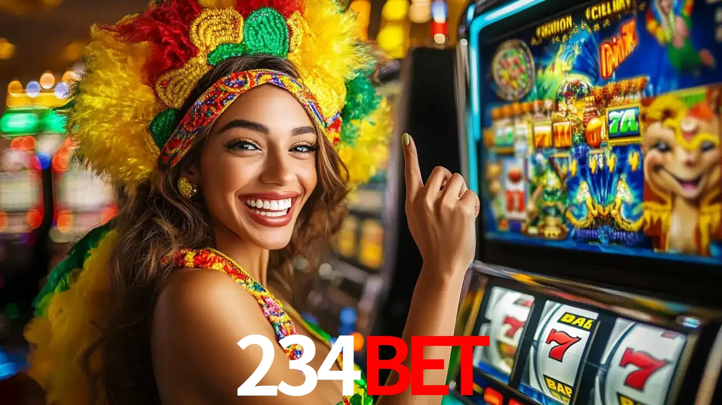 Mulher animada com um cocar de carnaval apontando para uma máquina de caça-níqueis, mostrando a emoção de ganhar um grande prêmio nos jogos do 234BET.