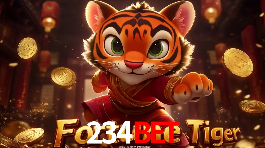 O carismático mascote do jogo de slot Fortune Tiger, um tigre fofo em pose de artes marciais, pronto para trazer sorte e multiplicadores de ganhos no cassino online 234BET.