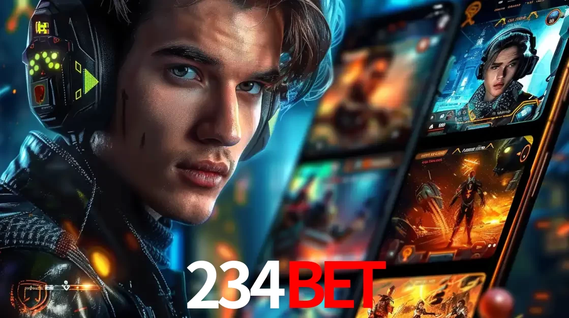 Jovem jogador com fones de ouvido olhando para a câmera, com um aplicativo de jogos e e-sports para celular ao fundo, pronto para a competição e apostas no 234BET.