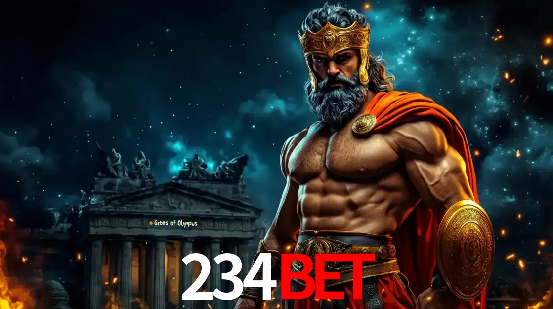 O poderoso Zeus do jogo de slot Gates of Olympus em frente ao seu templo, pronto para lançar multiplicadores divinos e prêmios épicos no cassino online 234BET.