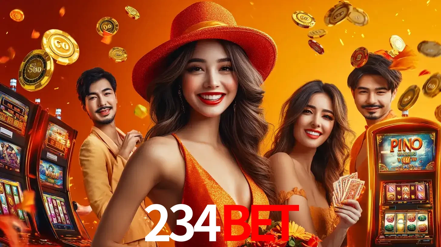 Grupo de amigos asiáticos sorrindo e se divertindo com máquinas de caça-níqueis em um ambiente festivo, celebrando suas vitórias nos jogos de cassino do 234BET.