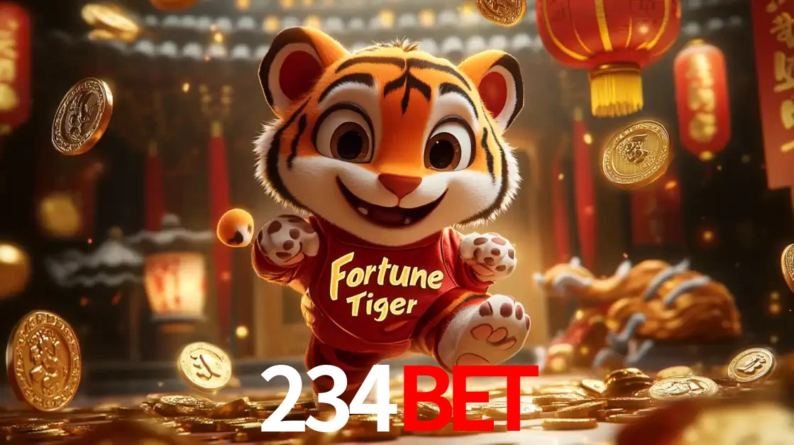 O alegre personagem do Fortune Tiger correndo sobre um caminho de moedas de ouro, simbolizando os grandes prêmios e a diversão do popular jogo de slot do 234BET.