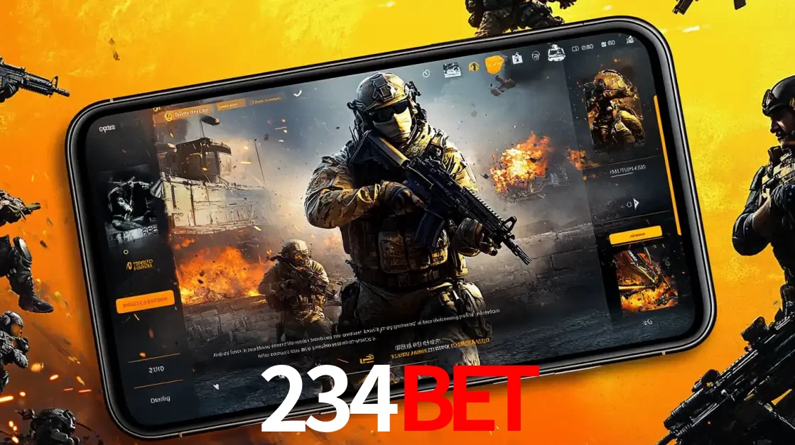 Um smartphone exibindo a interface de um jogo de tiro em primeira pessoa, com um soldado em um cenário de batalha, representando a ação dos e-sports para apostar no 234BET.