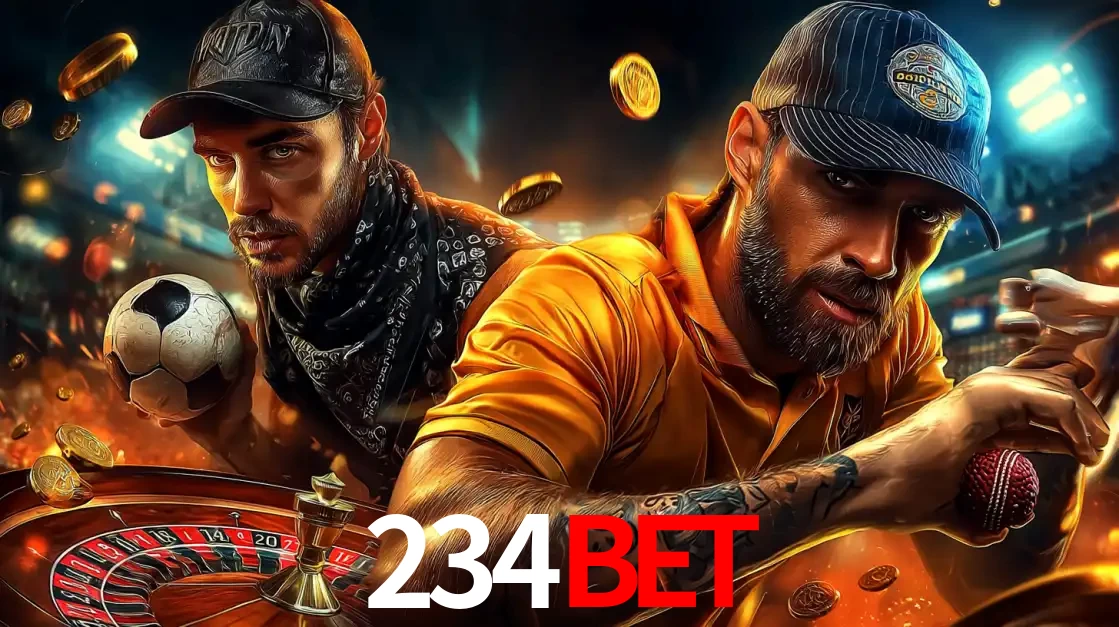 Montagem de apostas esportivas e cassino no 234BET, com um homem segurando uma bola de futebol e outro uma de beisebol sobre uma roleta e moedas voadoras.