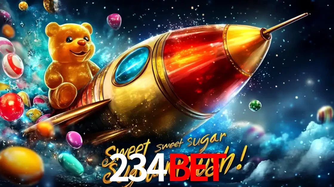 Arte promocional do jogo de slot Sugar Rush, com um urso de pelúcia em um foguete viajando pelo espaço de doces, um dos jogos divertidos disponíveis no cassino 234BET.