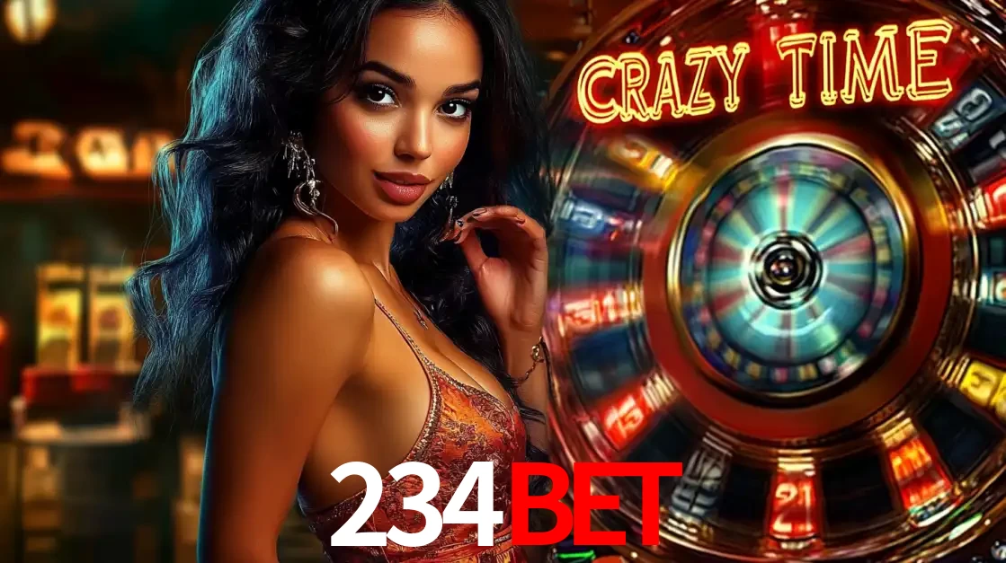 Mulher elegante ao lado da vibrante roda da fortuna do jogo de cassino ao vivo Crazy Time, um dos game shows mais populares e cheios de prêmios do 234BET.