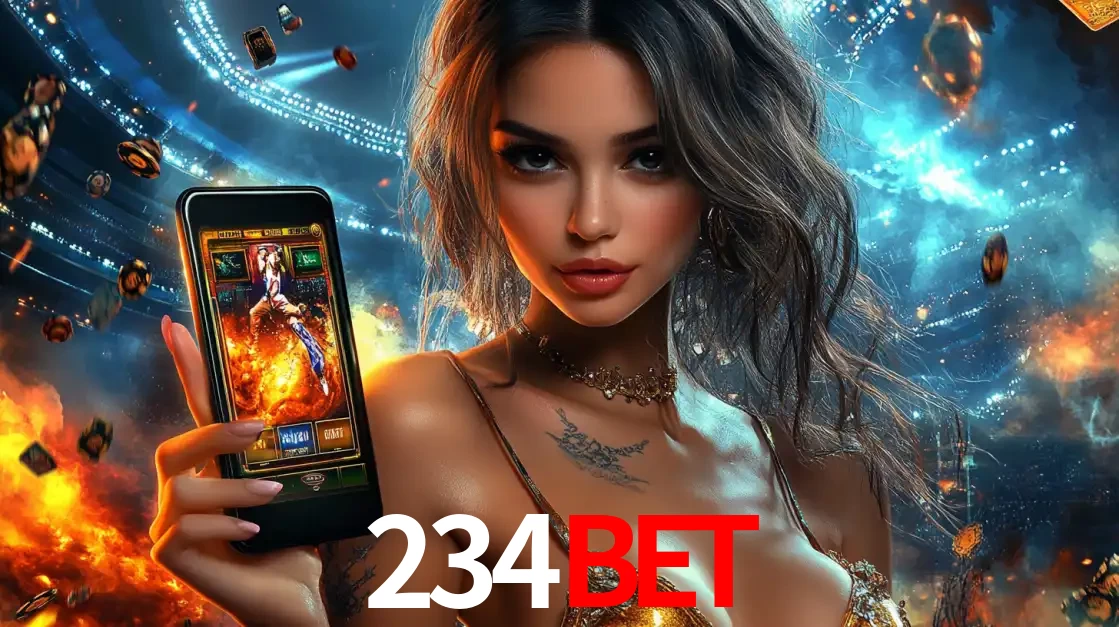 Mulher segurando um celular com um jogo de slot em destaque, tendo como fundo um estádio vibrante, simbolizando a emoção de jogar no cassino móvel 234BET.