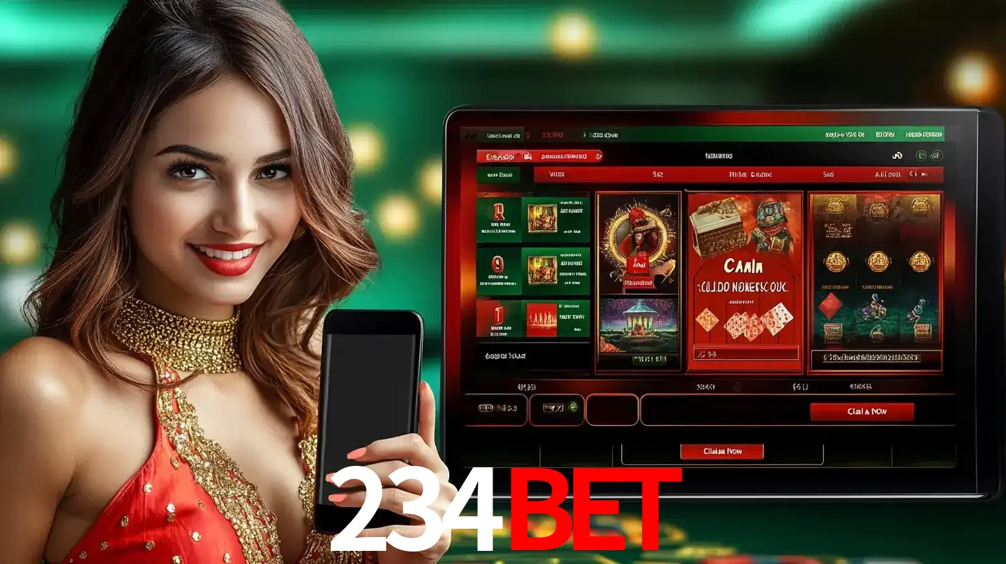 Mulher sorridente segurando um smartphone, ao lado de uma tela exibindo o lobby de jogos do cassino online 234BET, com várias opções de jogos de cartas e slots.